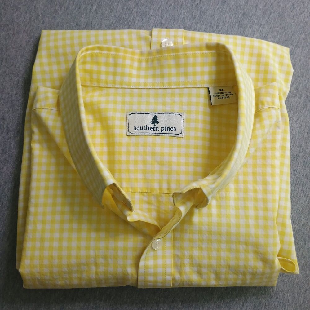 Southern Pines Men Size XL Yellow Gingham Checkered Summery Short Sleeve Shirt